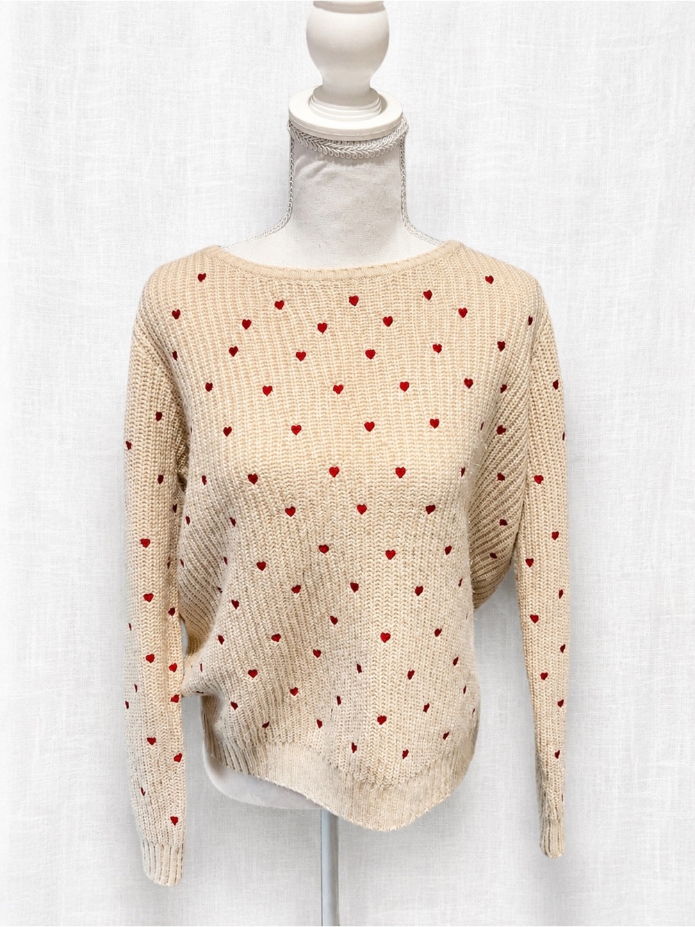 Cream Heart-Print Knit Sweater with Red Accents